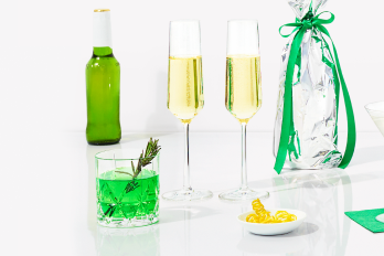 beer, champagne, wine in glasses, bottles, and cans, cocktails in glasses