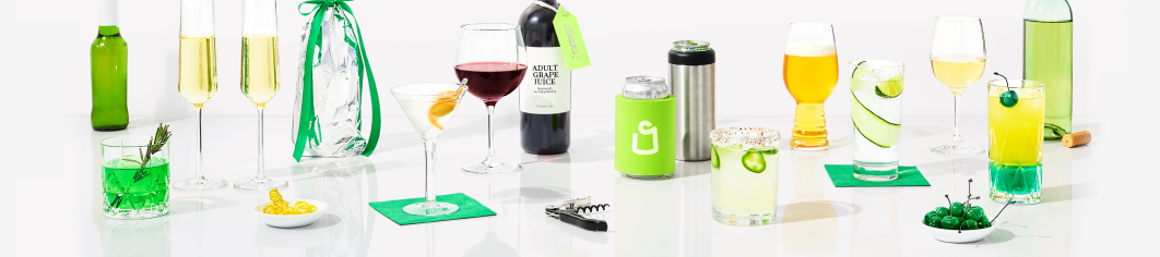 beer, champagne, wine in glasses, bottles, and cans, cocktails in glasses