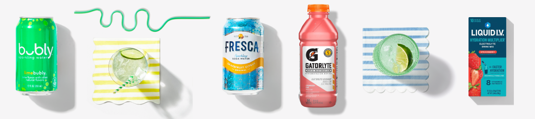Can of Bubly water, Can of Fresca, bottle of Gatorlyte, box of liquid IV