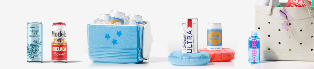 beer and seltzers, cooler with drinks, beach bag, bubbles