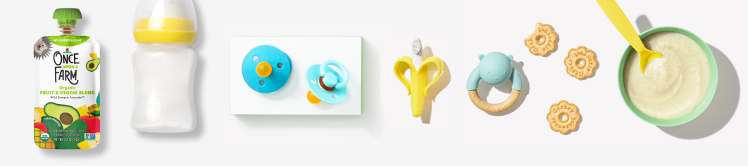 baby food pouch, bottle, and pacifiers