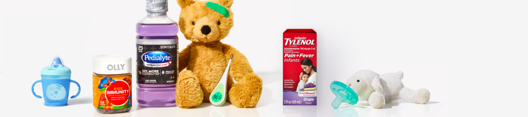 Olly Immunity gummies, pedialyte, teddy bear and thermometer, infants tylenol