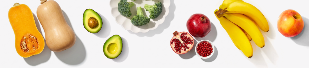 butternut squash, avocado, broccoli. pomegranate, bananas, apple