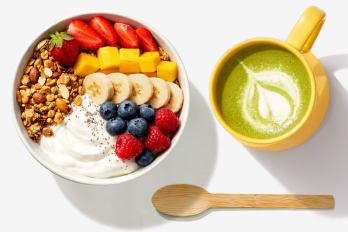 yogurt bowl, wooden spoon, matcha tea