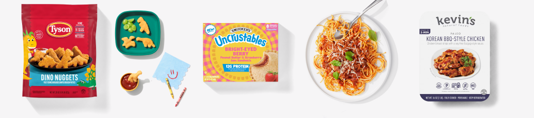 dino nuggets, uncrustables, spaghetti, kevins korean bbq chicken meal