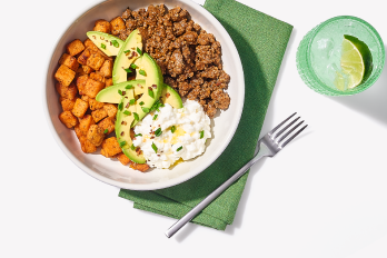 bowl with cottage cheese, ground beef, avocados, sweet potatoes
