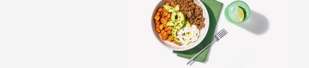 bowl with cottage cheese, ground beef, avocados, sweet potatoes