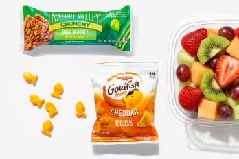 goldfish, granola bar, fruit,