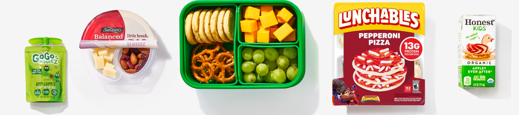 gogo squeeze, Balanced breaks, green bento box of grapes, cheese, and pretzels, Lunchables, Honest  juice box