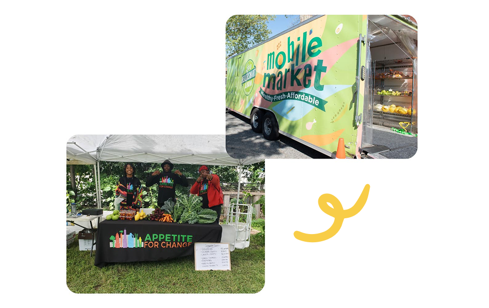 picture of a mobile market and farmers market table and produce