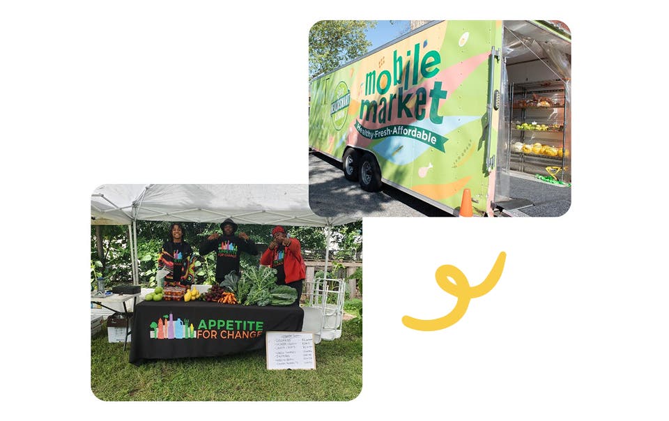 picture of a mobile market and farmers market table and produce