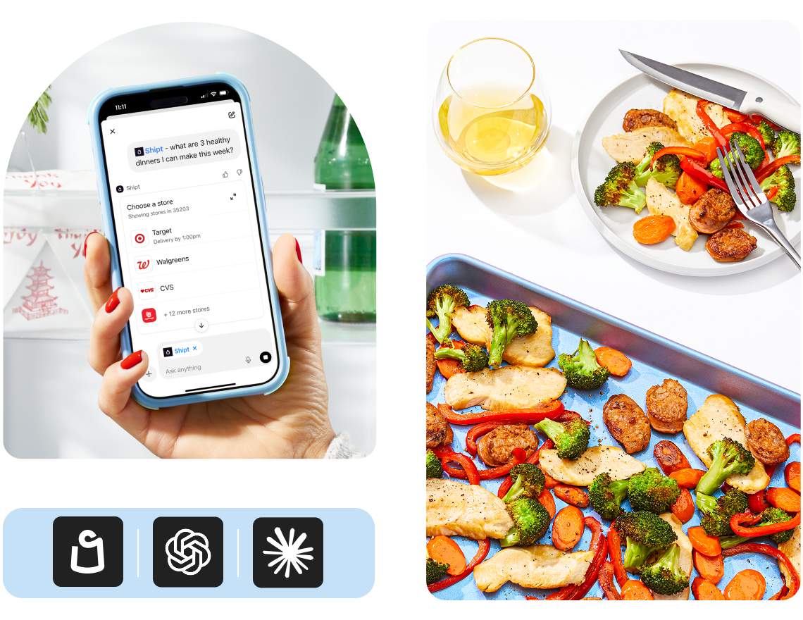 hand holding phone showing searching in AI, next to a picture of a plate of food with a drink, as well as Shipt, Claude and ChatGPT logos
