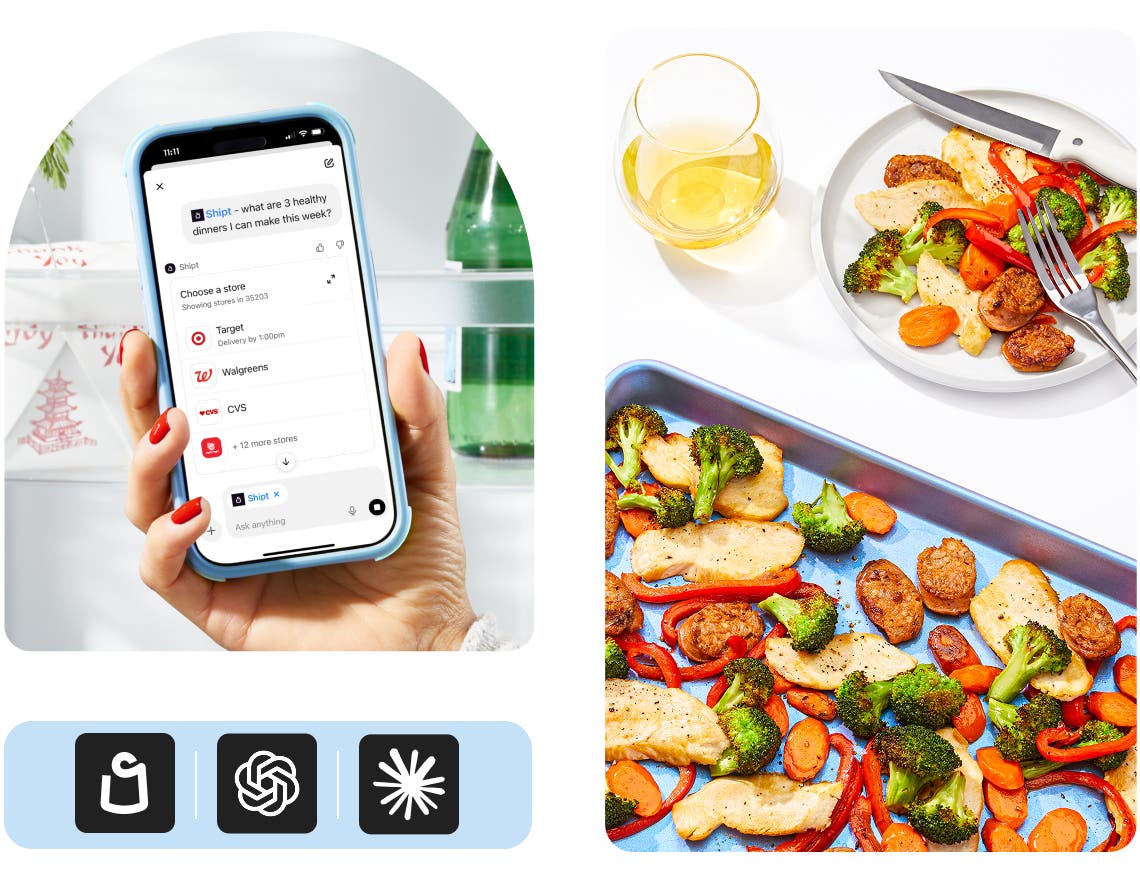 hand holding phone showing searching in AI, next to a picture of a plate of food with a drink, as well as Shipt, Claude and ChatGPT logos