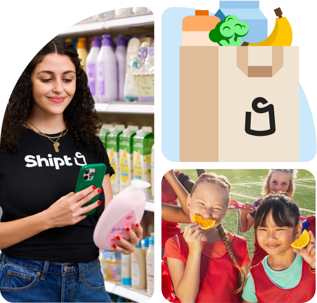 bento box style door arch with shopper, grocery bag, and soccer players