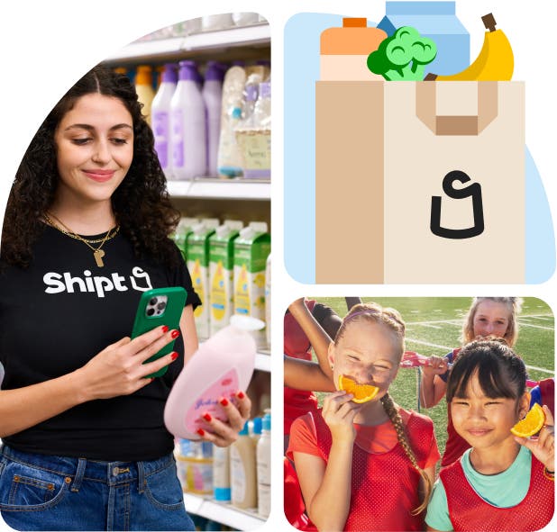 bento box style door arch with shopper, grocery bag, and soccer players