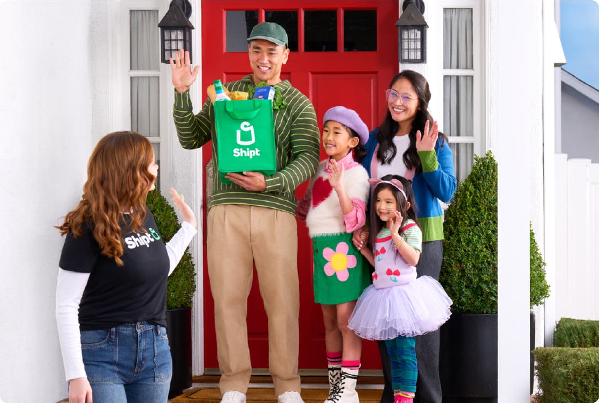 A family getting doorstep grocery delivery with Shipt
