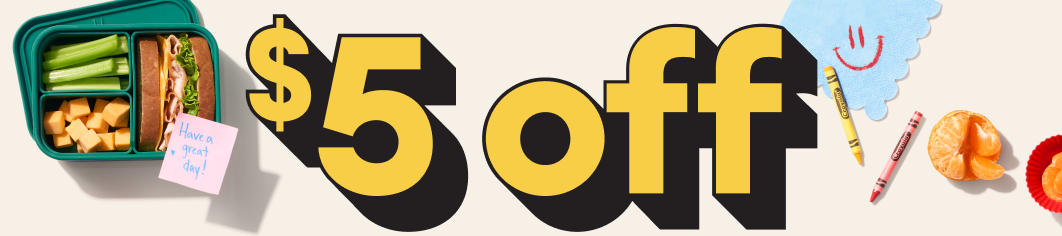 $5 off text in yellow next to a lunch bento box