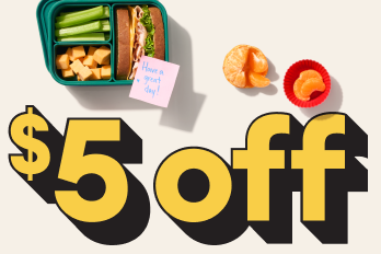 $5 off text in yellow next to a lunch bento box