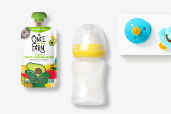 baby food pouch, bottle, and pacifiers