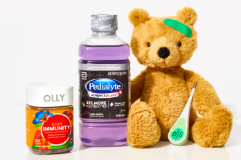 Olly Immunity gummies, pedialyte, teddy bear and thermometer, infants tylenol
