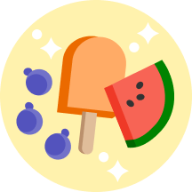 Illustration of blueberries, an orange popsicle, and a slice of watermelon against a yellow background.