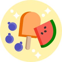 Illustration of blueberries, an orange popsicle, and a slice of watermelon against a yellow background.