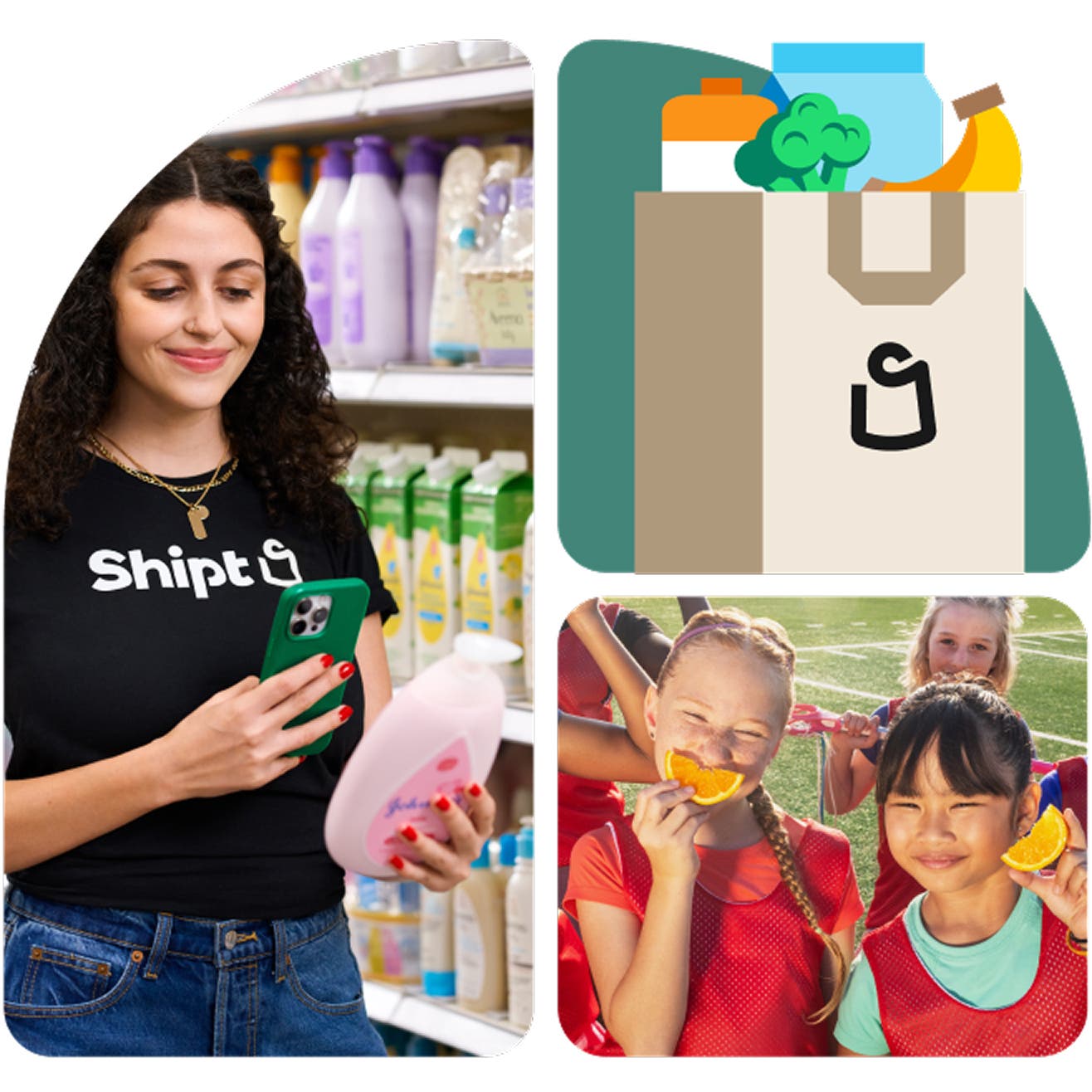 bento box style door arch with shopper, grocery bag, and soccer players