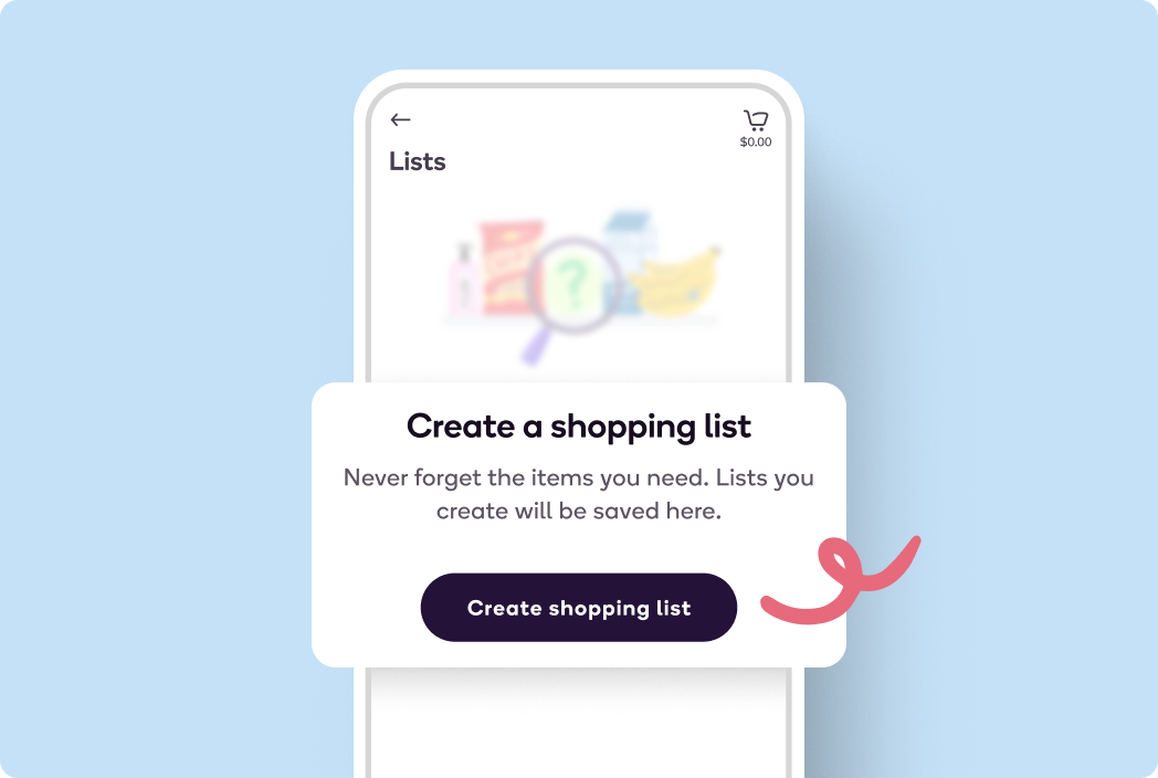 App UI showing "Create Shopping List" feature