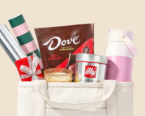 Bag of holiday food prep essentials including coffee and hot chocolate