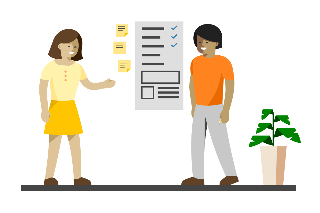 Illustration of two people brainstorming in an office 