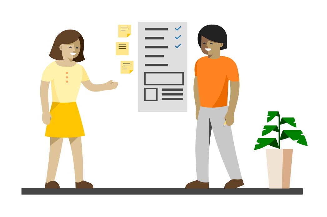 Illustration of two people brainstorming in an office