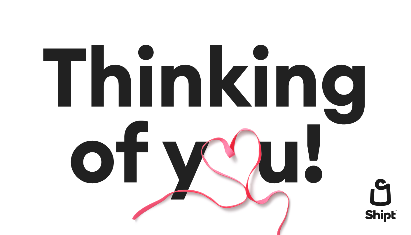 Thinking of you text with a ribbon shaped like a heart