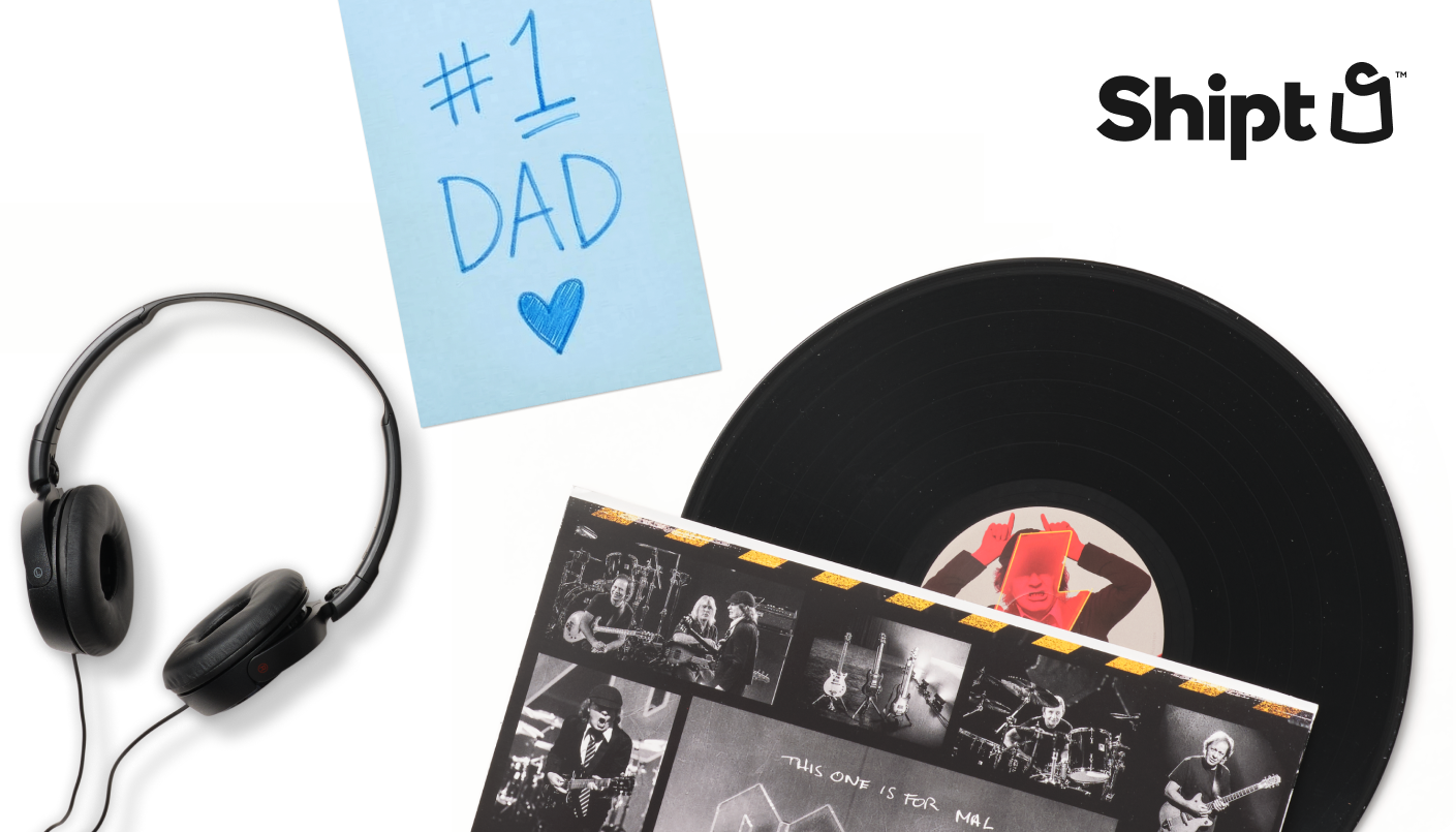 #1 Dad card, headphones, picture frame and vinyl record