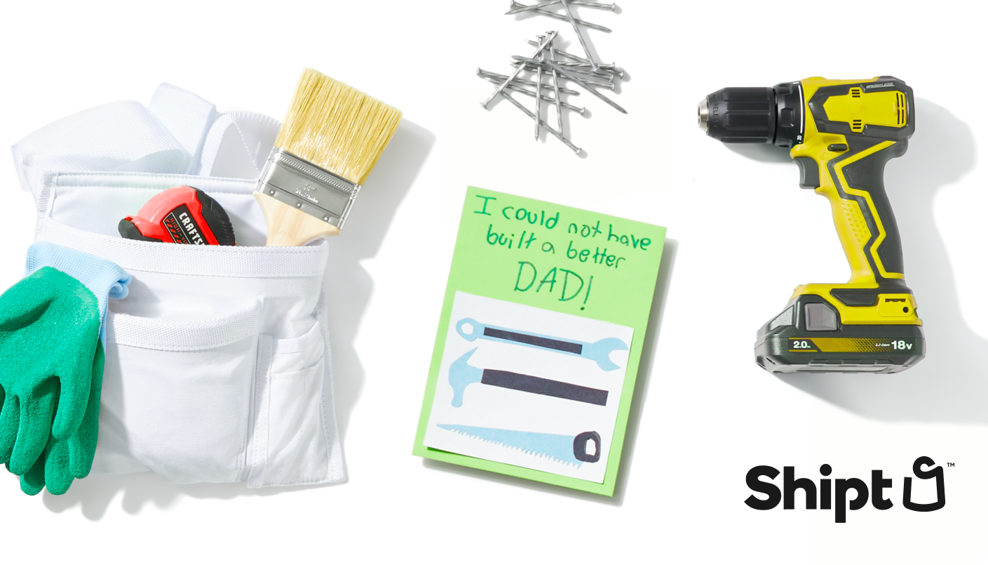 Father's Day card, kid's drawing, drill and bag of items including gloves, paintbrush and measuring tape