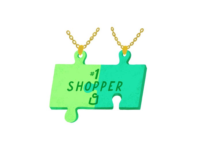 Illustration of puzzle piece necklace with "#1 shopper" on it