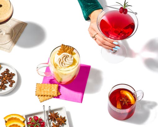 A selection of festive party drinks in glasses