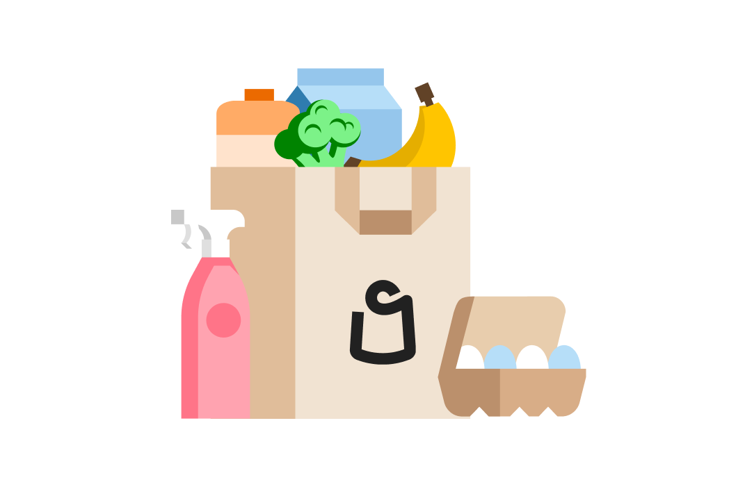 Illustration of a grocery bag with cleaning spray and a carton eggs