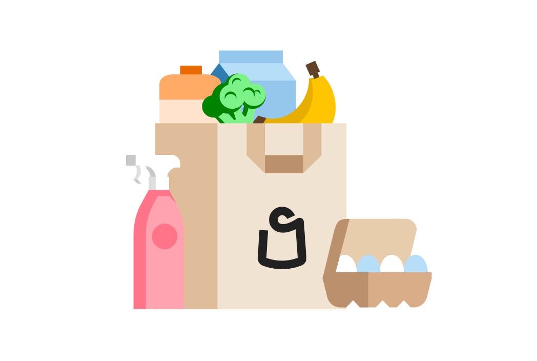 Illustration of a grocery bag with cleaning spray and a carton eggs