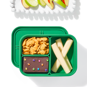 Bento box with goldfish, brownie, and cheese sticks