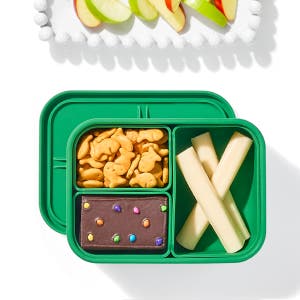 Bento box with goldfish, brownie, and cheese sticks
