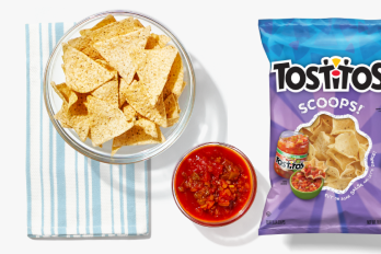 Watermelon, chips, salsa, tortilla chips, corn, baked beans, salad