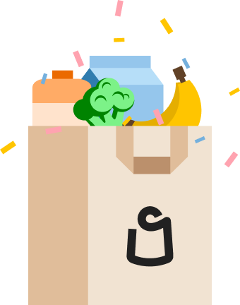 Illustration of a grocery bag with a Shipt logo holding broccoli, a banana, milk, and orange juice.