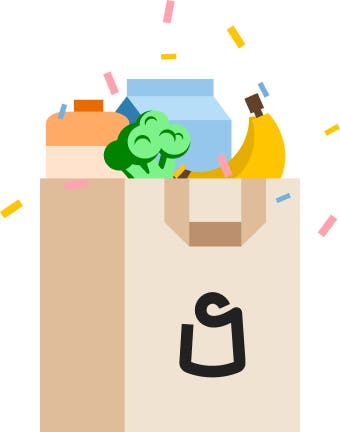 Illustration of a grocery bag with a Shipt logo holding broccoli, a banana, milk, and orange juice.