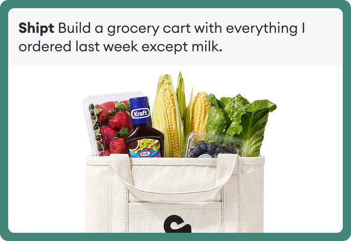 A Shipt bag full of a grocery order - strawberries, corn, lettuce