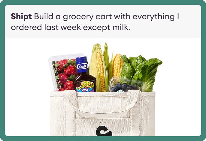 A Shipt bag full of a grocery order - strawberries, corn, lettuce
