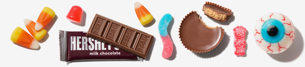 Candy Corn, Hershey's chocolate bar, gummy worms, reese cup, sour patch kid, candy eye ball