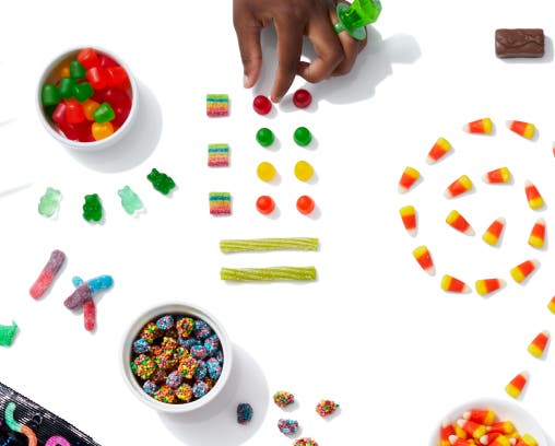 Assorted candy against a white background