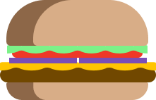 Illustration of a hamburger with cheese, lettuce, tomato, and red onion on a bun
