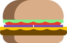 Illustration of a hamburger with cheese, lettuce, tomato, and red onion on a bun