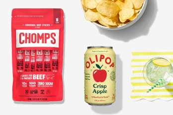 bag of Chomps beef jerky, can of olipop soda, bowl of chips